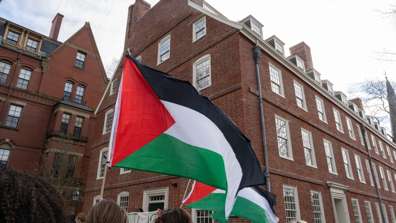 Palestinian flag raised at Harvard University as a symbolic gesture of solidarity.