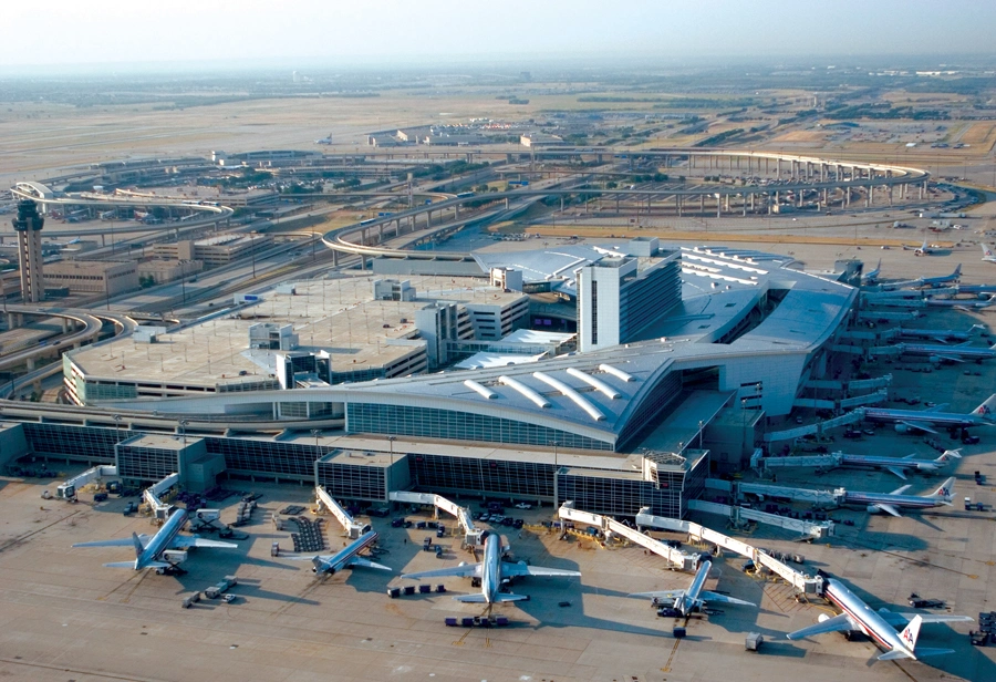 Modern terminal design at Fort Worth International Airport with travelers 